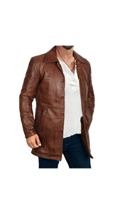 Men's Distressed Waxed Brown Lightweight Long Length Leather Overcoat for Men - Men's 3/4 Length Leather Carcoat in Tan Brown Colour - MNCLeather